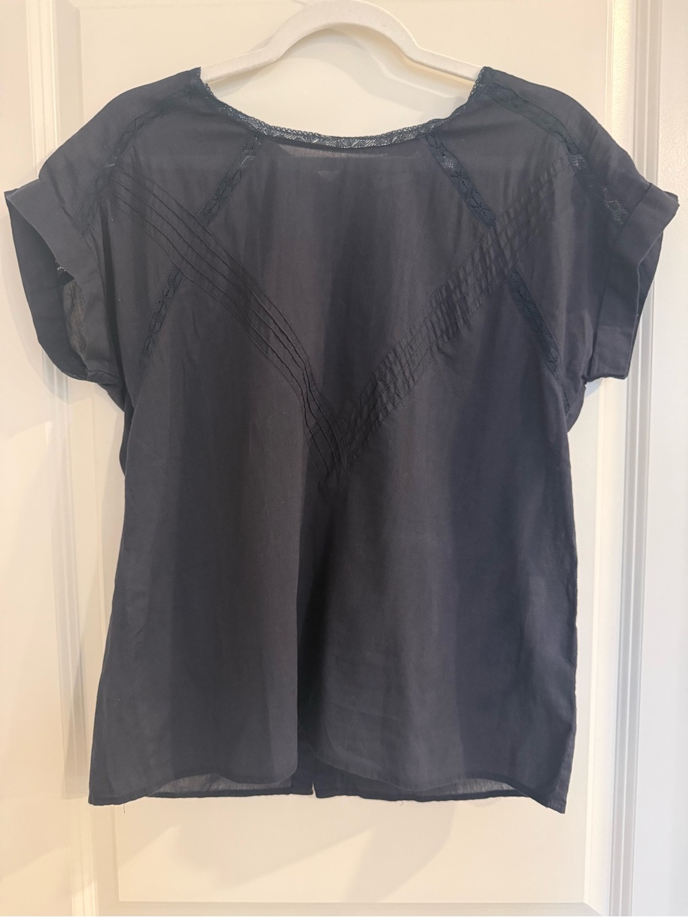 Hartford Navy Cotton Lace Trim Short Sleeve Blouse